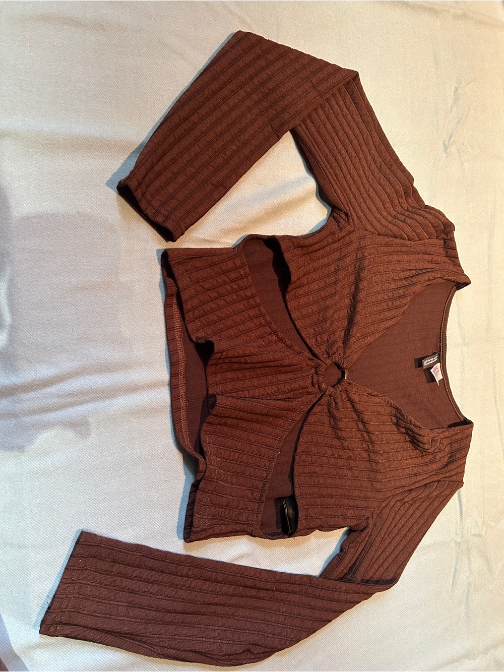 H&M Ribbed Long Sleeve Crop Top in Chocolate Brown